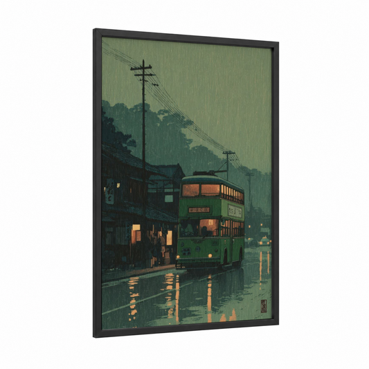 Rainy Street Bus framed art print — black wood frame — sage green and gold palette