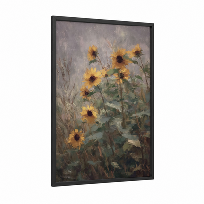Golden Sunflowers framed art print — black wood frame — gold and dove gray palette