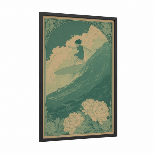 Vintage Wave Surfer framed surfing print — black wood frame — sage green and cream palette