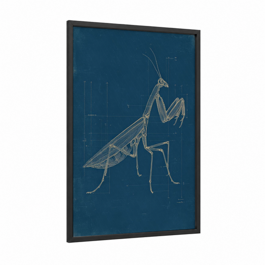 Blueprint Mantis framed prayin mantis print — black wood frame — dark blue and gold and white palette