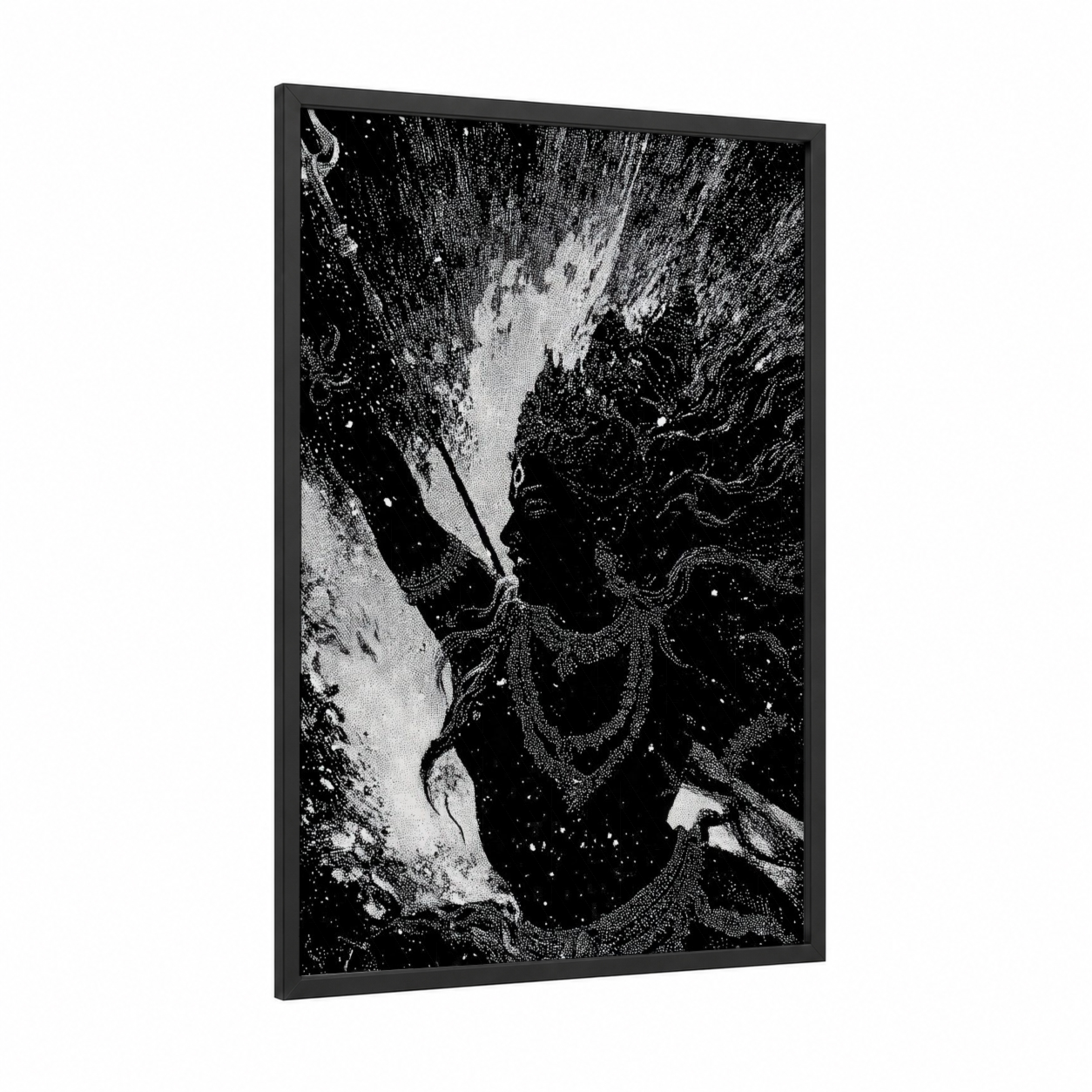 Divine Meditation framed hinduism print — black wood frame — black and white palette