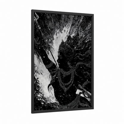 Divine Meditation framed hinduism print — black wood frame — black and white palette