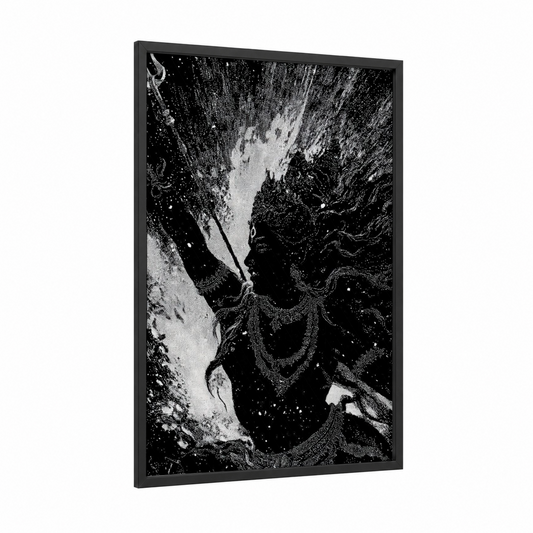 Divine Meditation framed hinduism print — black wood frame — black and white palette