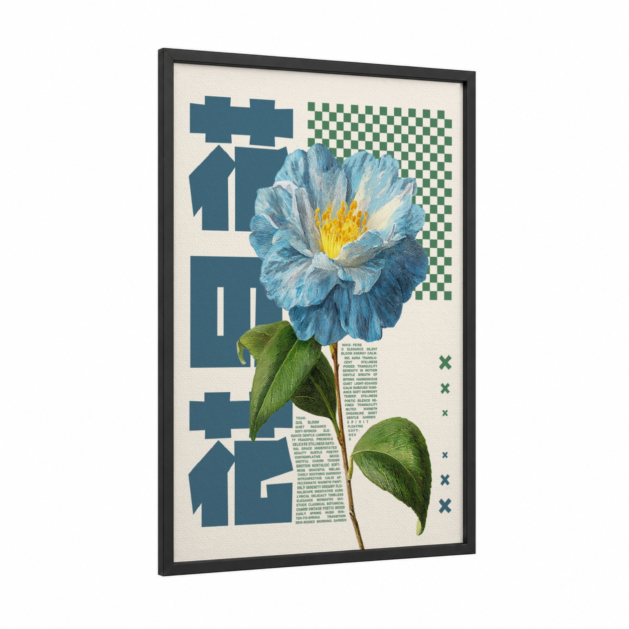 Blue Blossom Y2K framed japanese y2k print — black wood frame — blue and true green palette