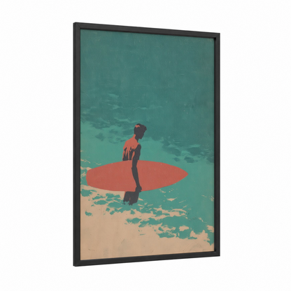 Coral Surfer framed water surfing print — black wood frame — teal and salmon pink palette