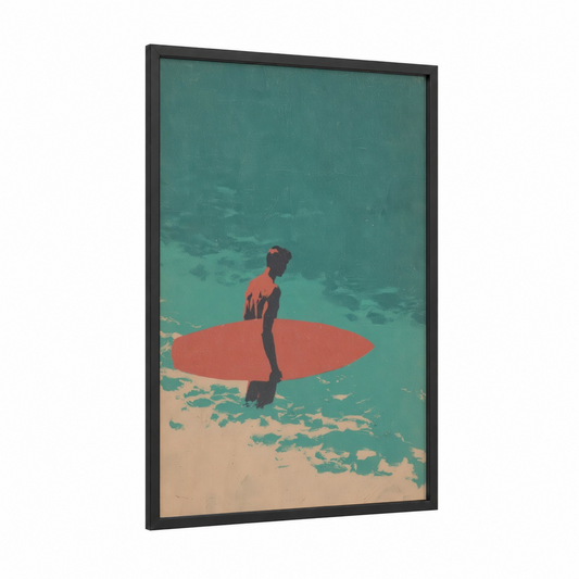 Coral Surfer framed water surfing print — black wood frame — teal and salmon pink palette
