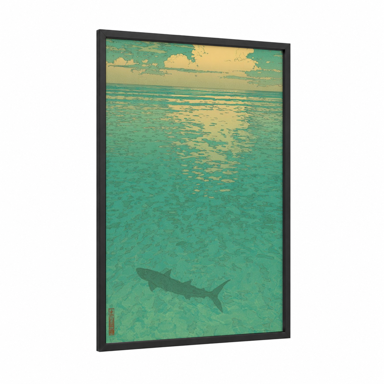 Shallow Water Snook framed art print — black wood frame — teal and yellow gold palette