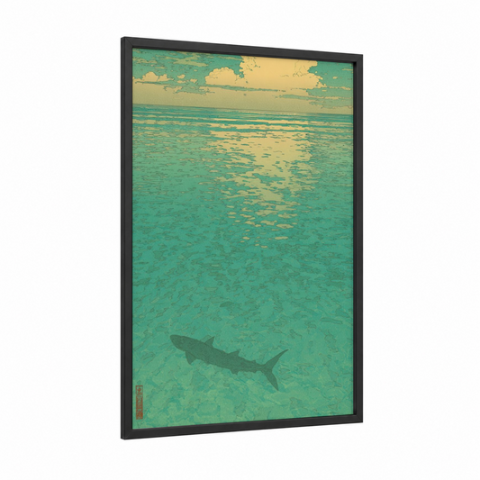 Shallow Water Snook framed art print — black wood frame — teal and yellow gold palette
