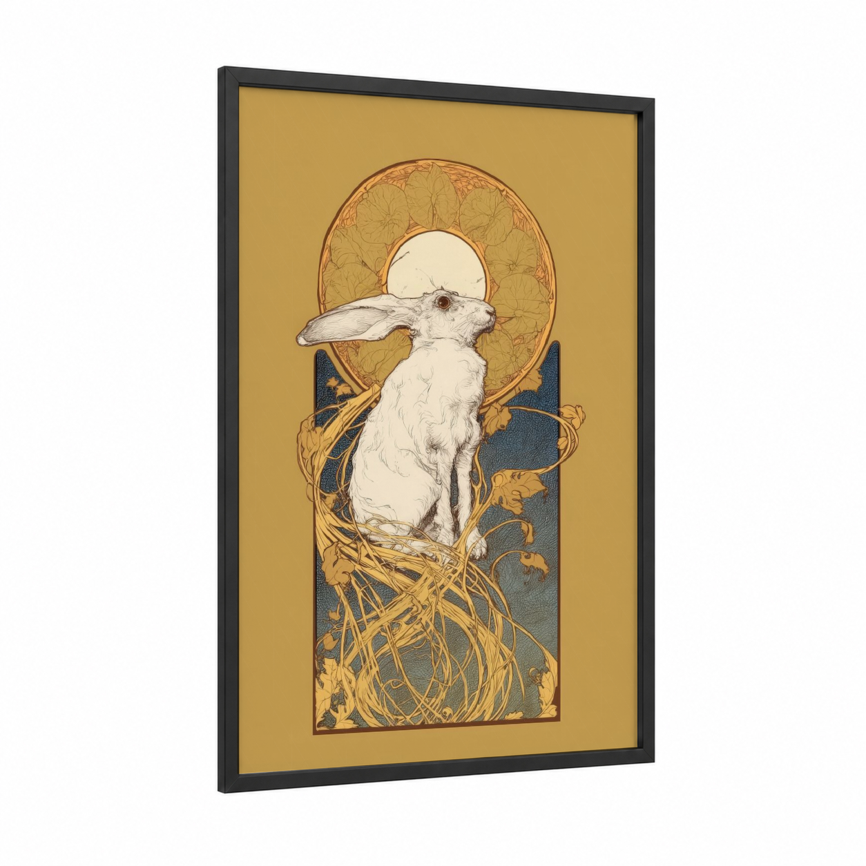 Celestial Rabbit framed art print — black wood frame — gold and blue palette