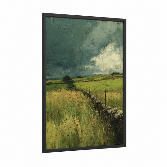 Pastoral Storm framed green field print — black wood frame — light green and blue palette