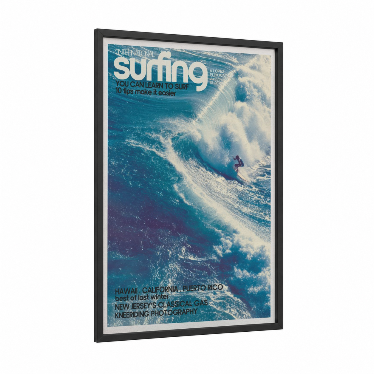 Wave Rider Magazine framed surfing print — black wood frame — blue and white palette