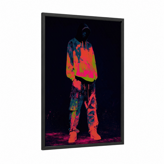 Neon Retro Street framed retro fashion print — black wood frame — magenta and black palette