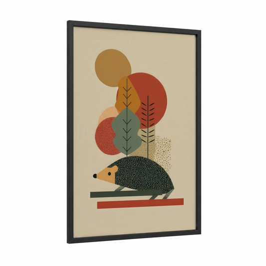 Autumn Hedgehog framed art print — black wood frame — russet and beige palette
