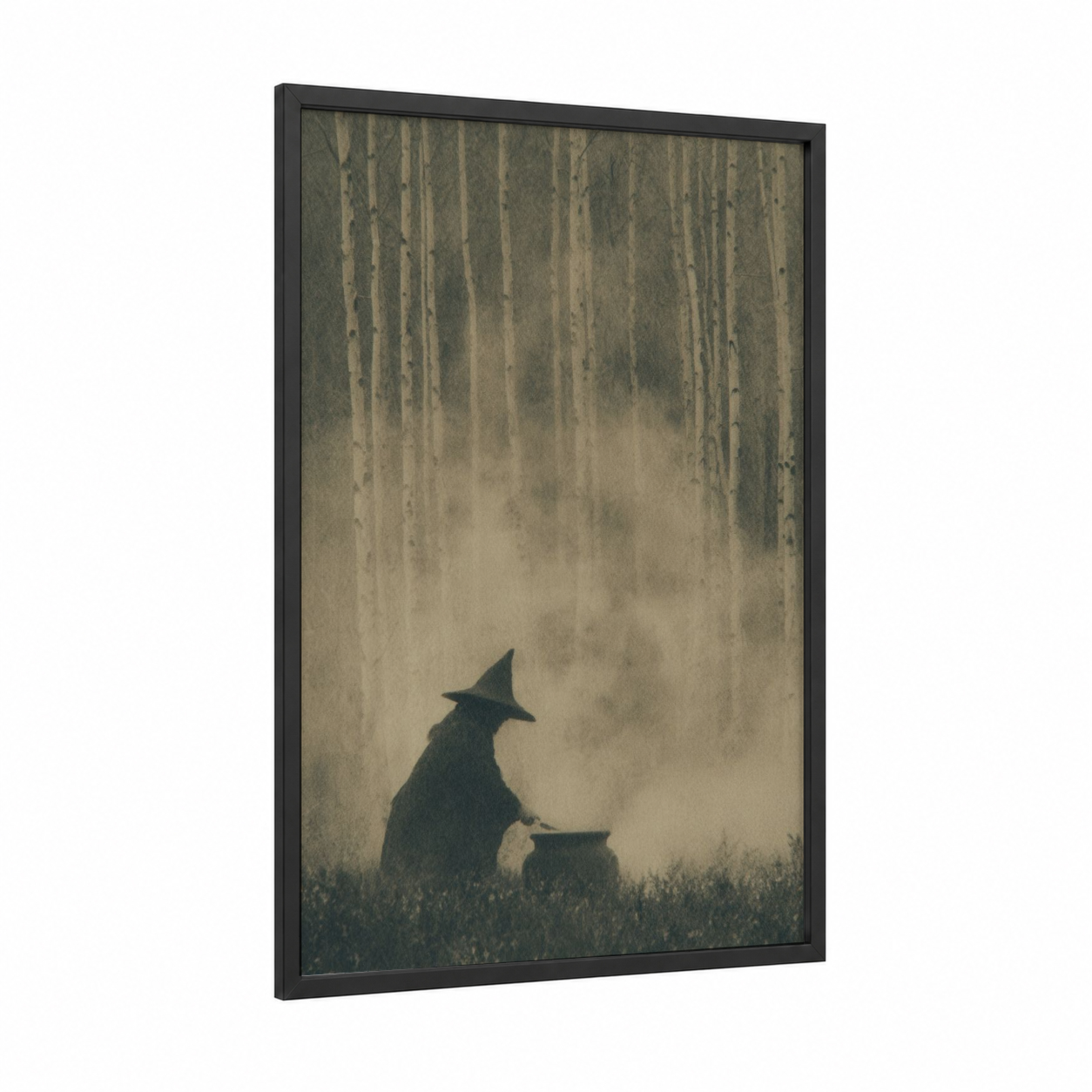 Witch's Solitude framed dark fantasy print — black wood frame — gray and beige palette