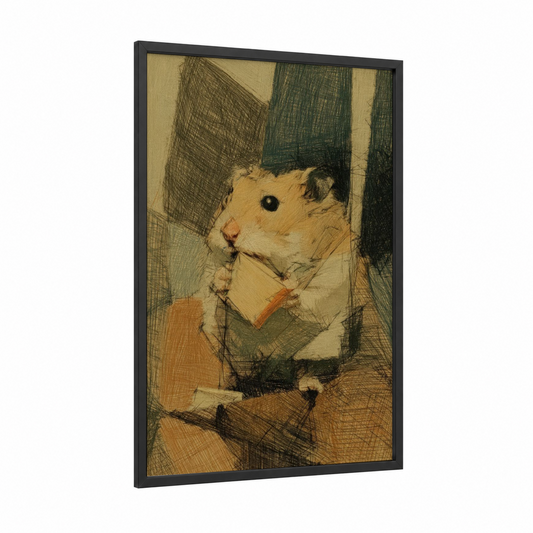 Sketched Hamster Portrait framed art print — black wood frame — gold and gray palette