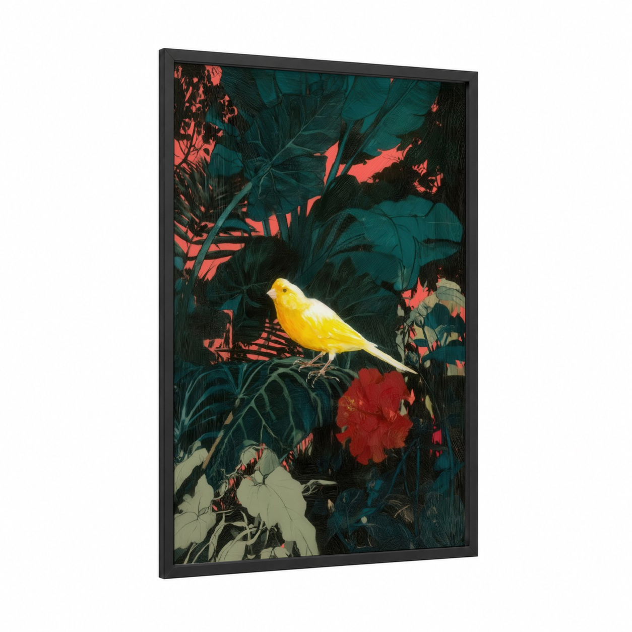 Golden Canary Tropical framed canaries print — black wood frame — teal and gold palette
