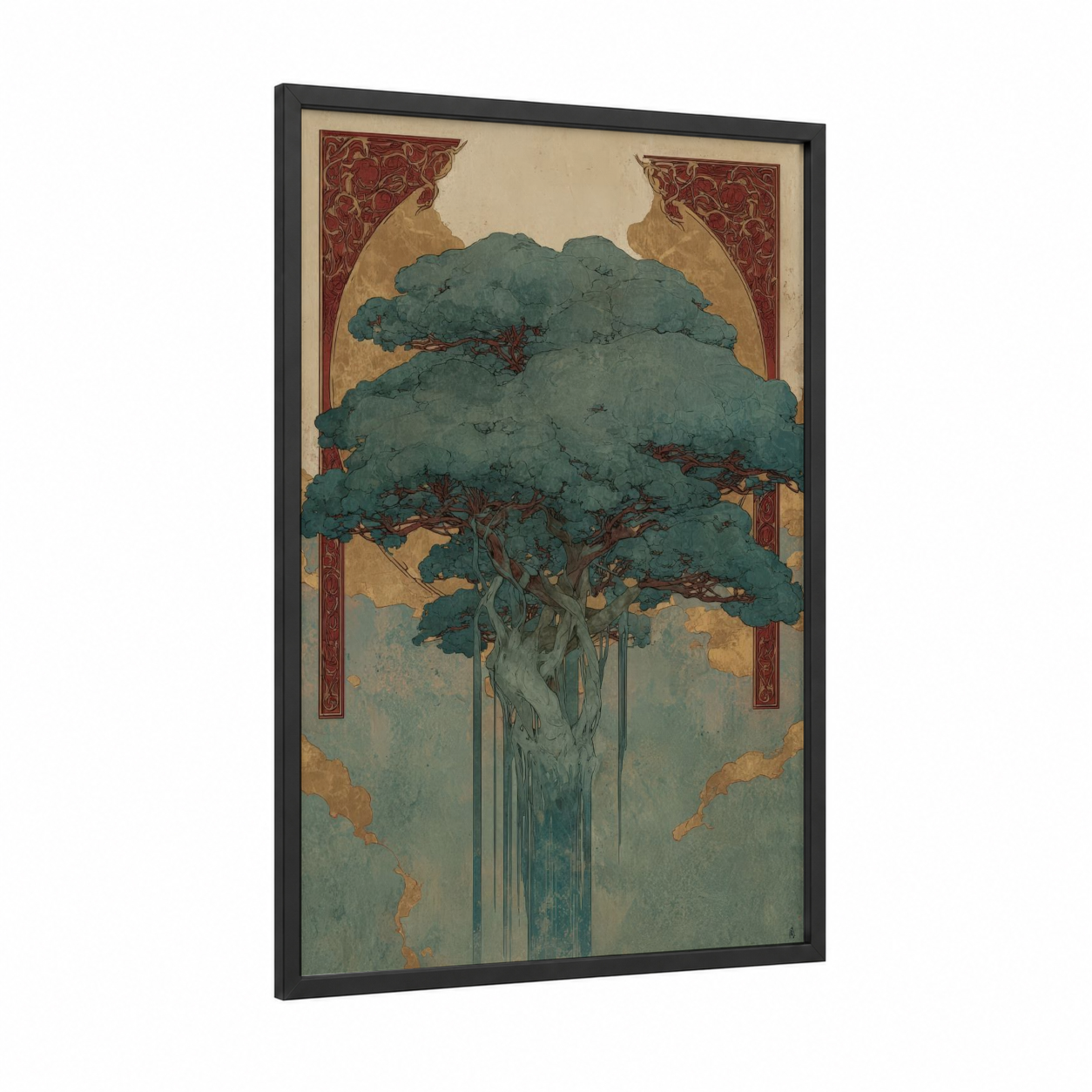 Majestic Banyan framed banyan tree print — black wood frame — true green and cream palette