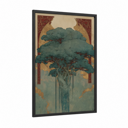 Majestic Banyan framed banyan tree print — black wood frame — true green and cream palette