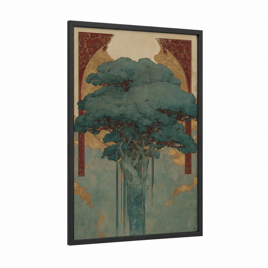 Majestic Banyan framed banyan tree print — black wood frame — true green and cream palette