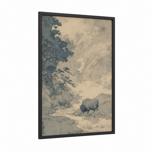 Mountain Yak framed art print — black wood frame — blue and cream palette