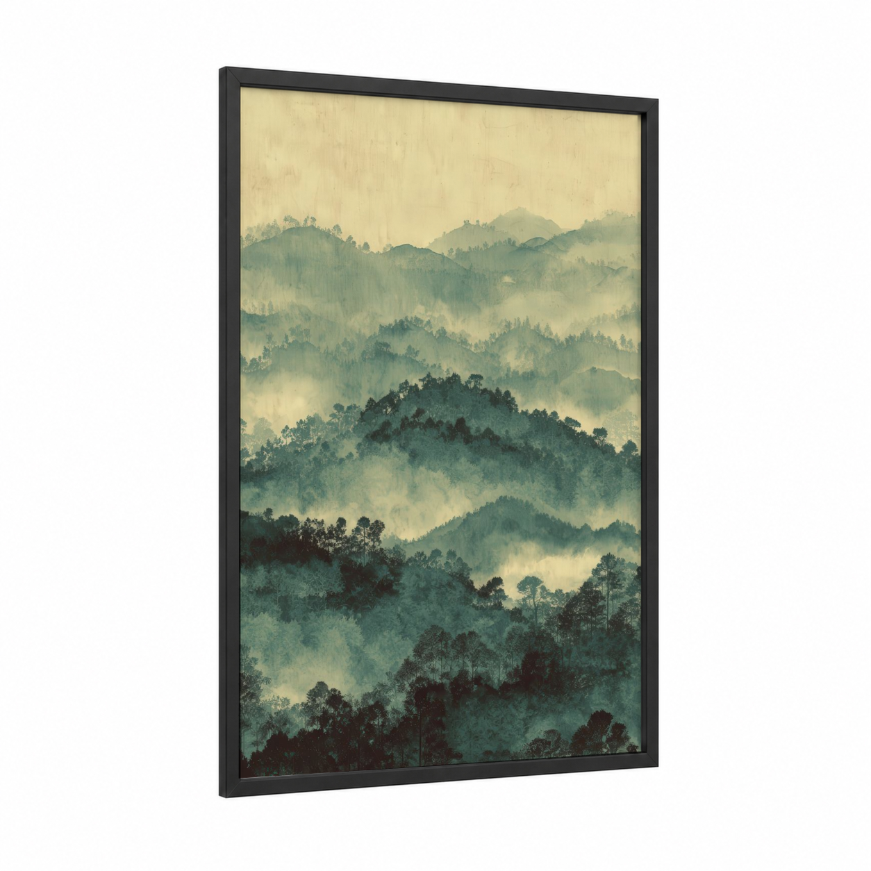 Misty Pine Layers framed pine forest print — black wood frame — cream and teal palette