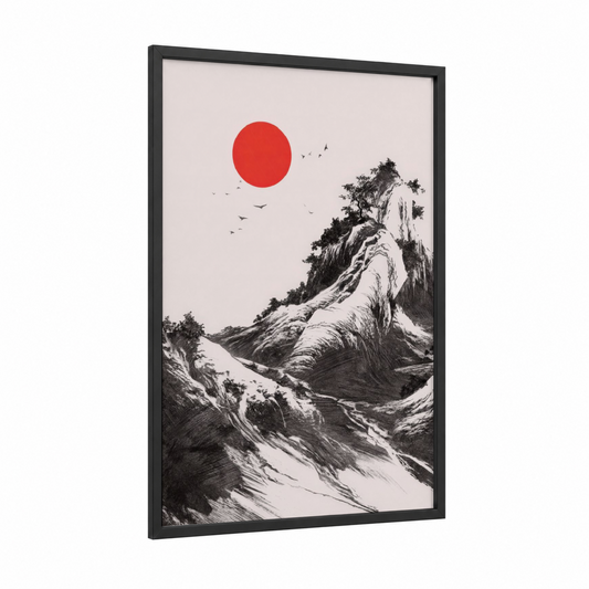 Crimson Mountain Sunrise framed abstract classic print — black wood frame — black and white and red palette