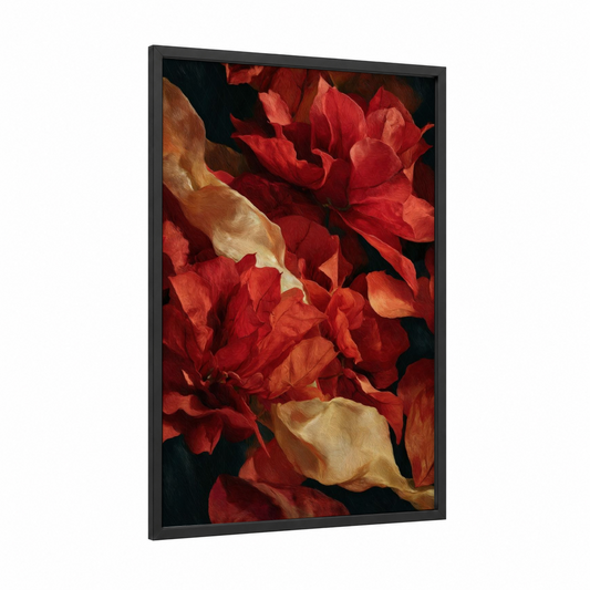 Crimson Poinsettias framed art print — black wood frame — red and gold palette
