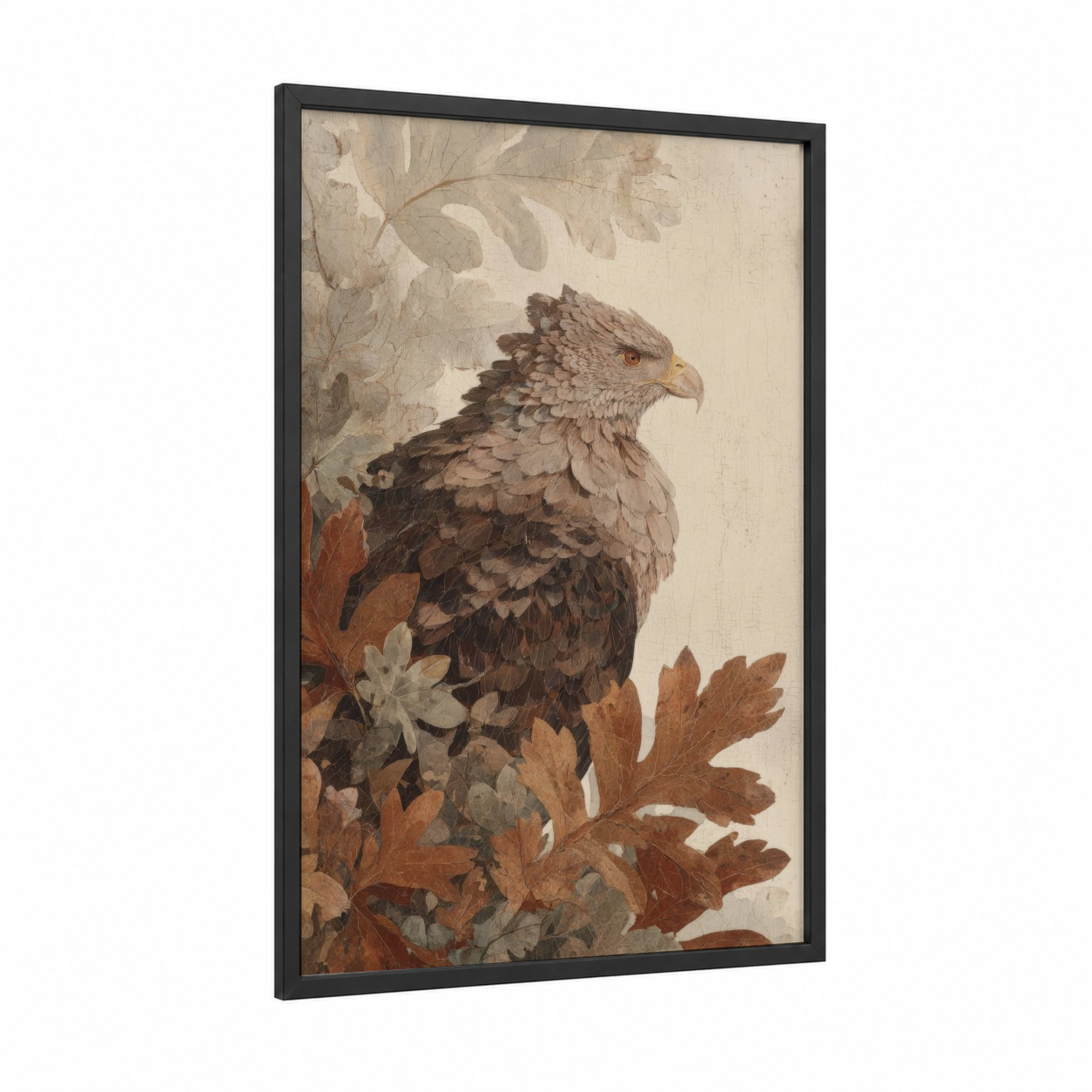 Autumn Phoenix framed art print — black wood frame — cream and russet palette