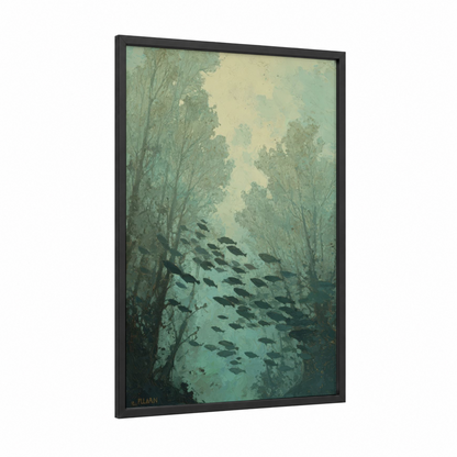 Underwater Forest framed tropical trees print — black wood frame — aquamarine and light green palette