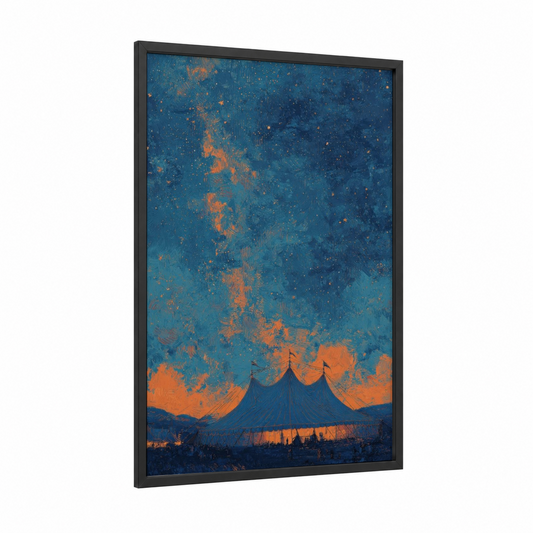 Carnival Nightscape framed art print — black wood frame — blue and orange palette