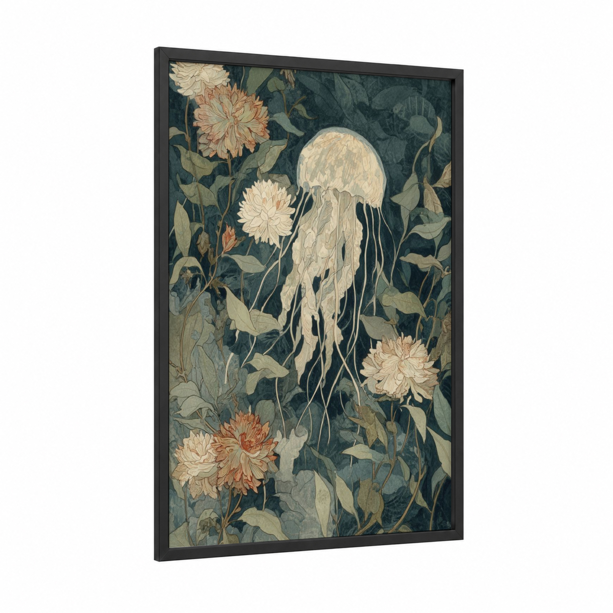 Garden Jellyfish framed art print — black wood frame — sage green and cream palette