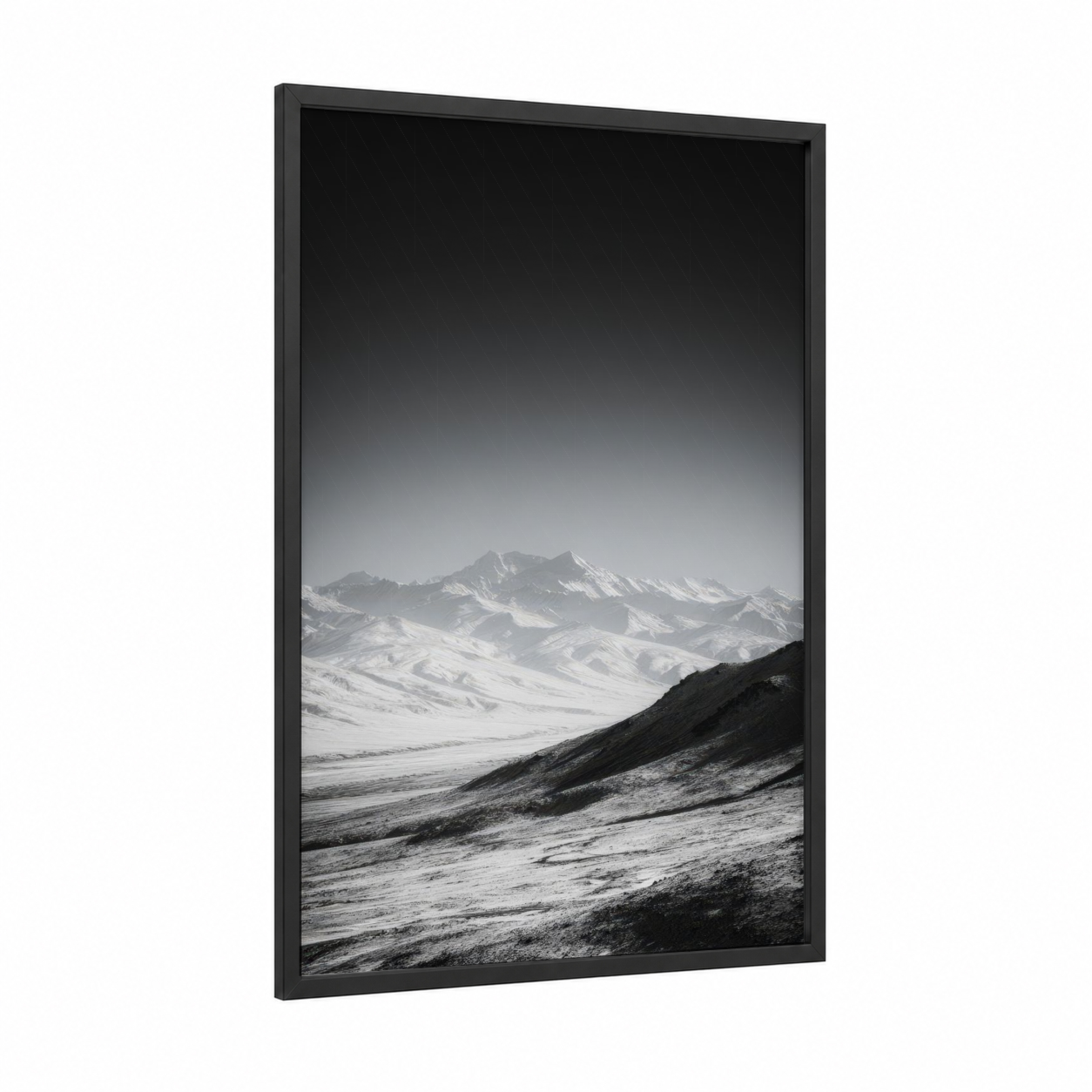 Alpine Glacier Vista framed art print — black wood frame — black and white and gray palette