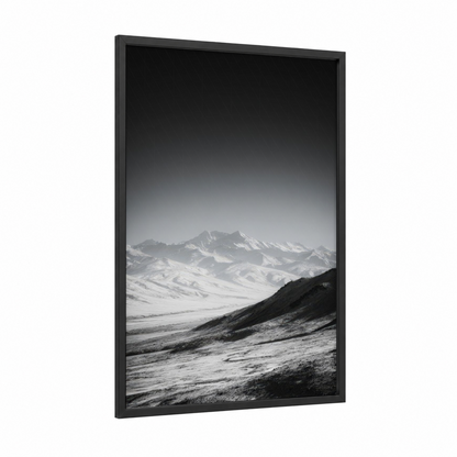 Alpine Glacier Vista framed art print — black wood frame — black and white and gray palette