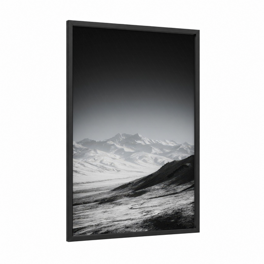 Alpine Glacier Vista framed art print — black wood frame — black and white and gray palette