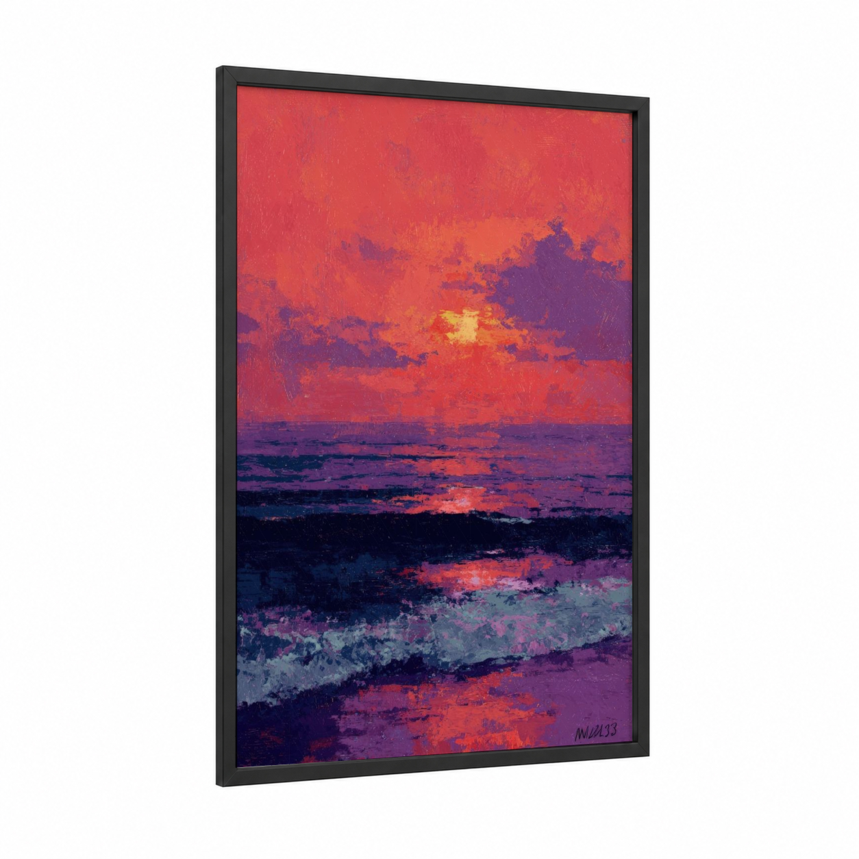 Crimson Sunset Waves framed beach sunrise and sunsets print — black wood frame — red and purple palette