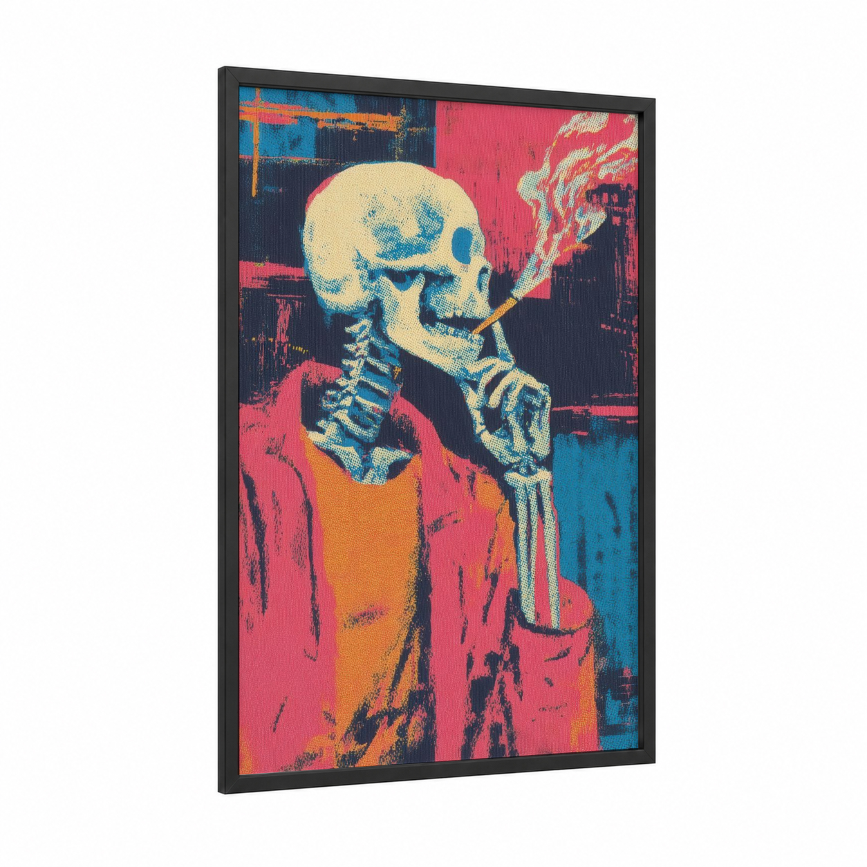 Smoking Skeleton framed smoke print — black wood frame — magenta and blue palette
