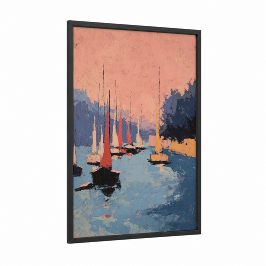 Harbor Sailboats framed sailing ship print — black wood frame — salmon pink and blue palette
