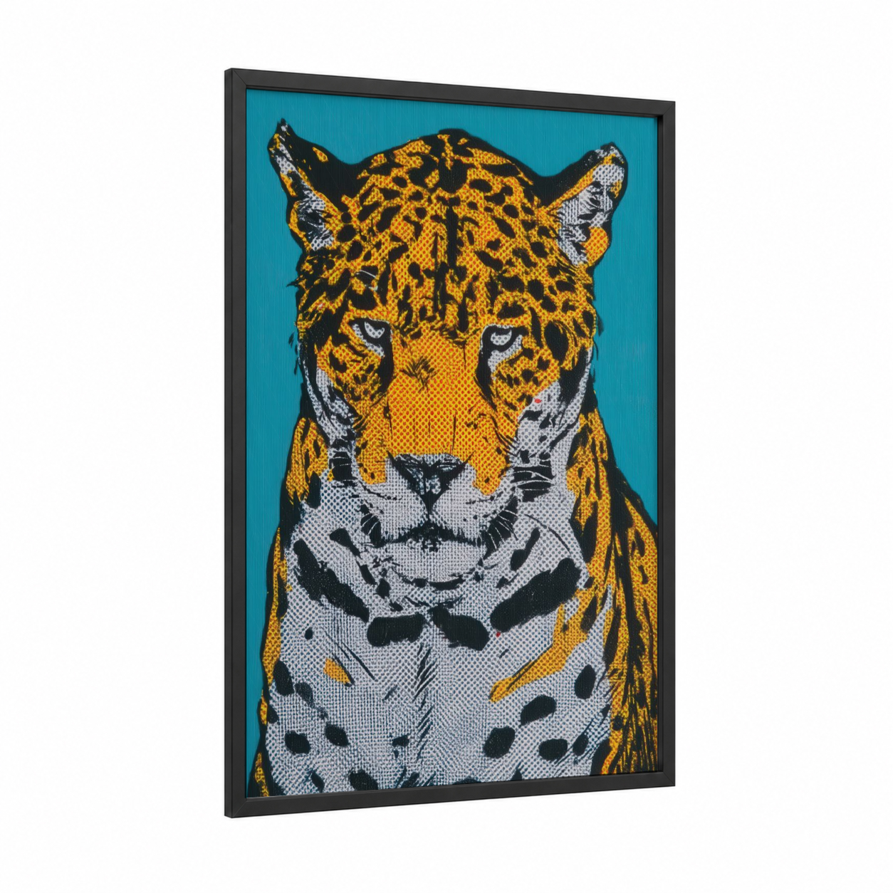 Golden Jaguar framed art print — black wood frame — gold and turquoise palette
