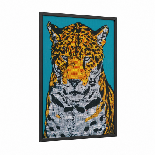 Golden Jaguar framed art print — black wood frame — gold and turquoise palette