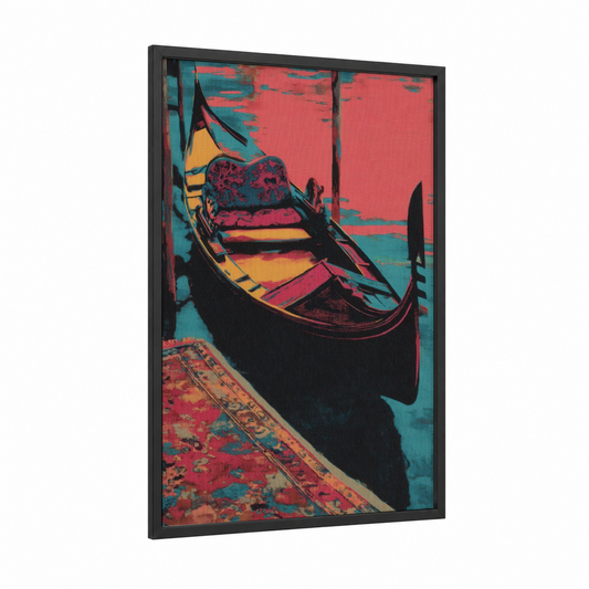 Crimson Gondola framed art print — black wood frame — red and teal palette