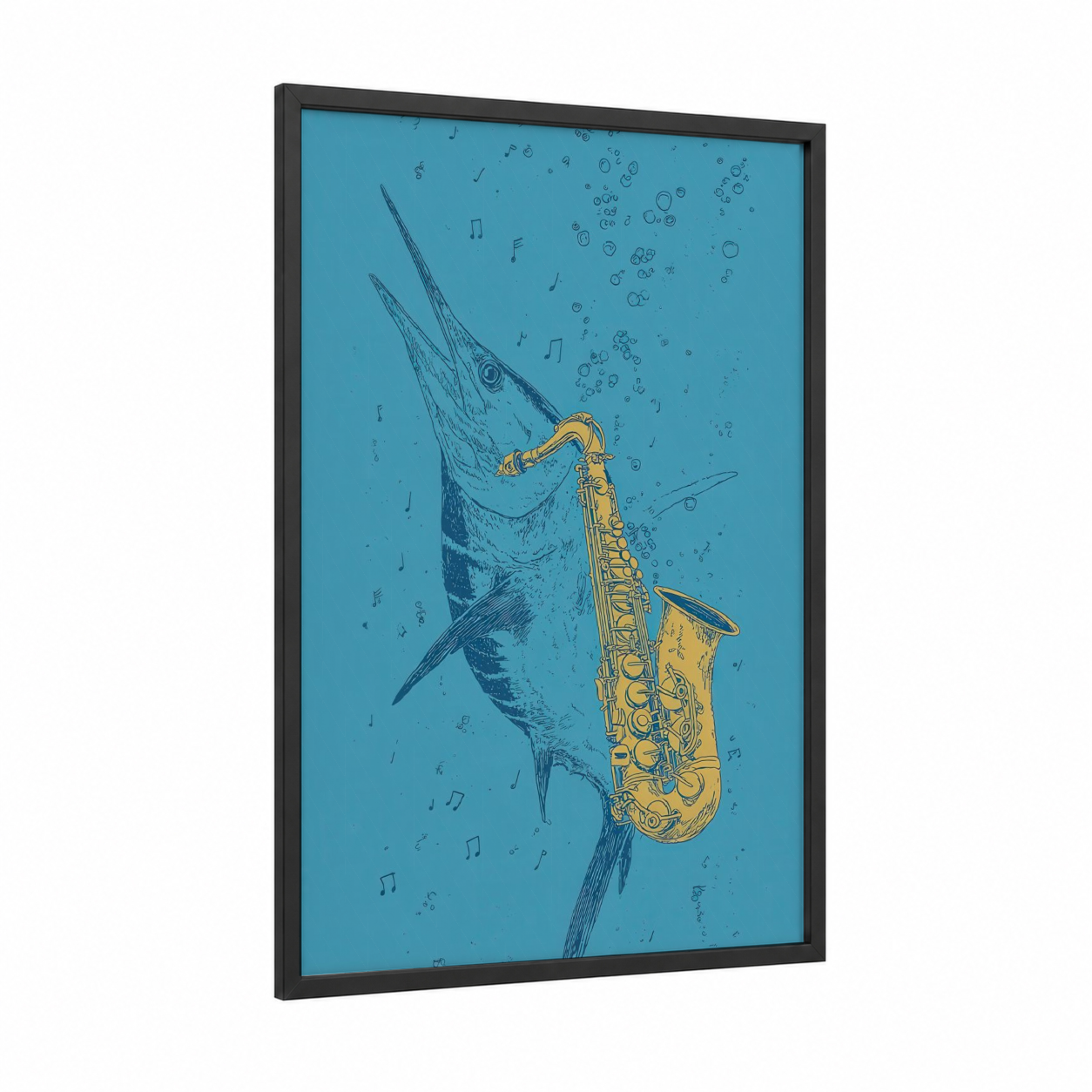 Musical Marlin framed blue marlin print — black wood frame — turquoise and yellow gold palette