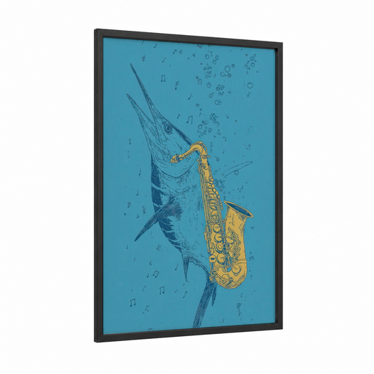 Musical Marlin framed blue marlin print — black wood frame — turquoise and yellow gold palette