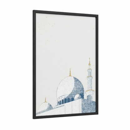 Islamic Architecture framed art print — black wood frame — gold and blue palette