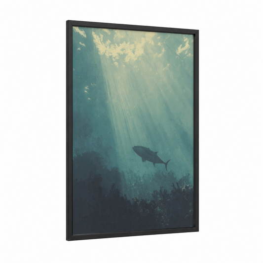 Sunlit Tuna framed art print — black wood frame — teal and cream palette