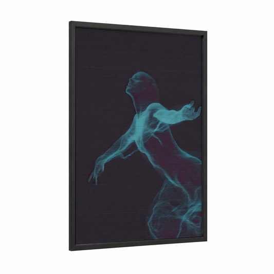 Neon Swimmer framed synchronized swimming print — black wood frame — turquoise and black palette
