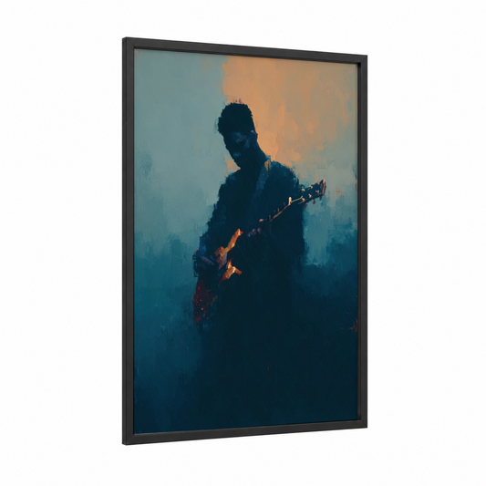 Silhouette Guitarist framed musician print — black wood frame — blue and gold palette