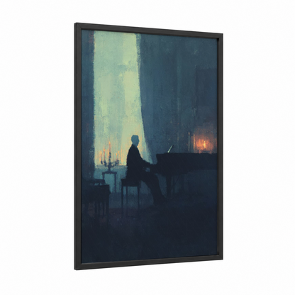 Midnight Pianist framed blues print — black wood frame — dark blue and gold palette