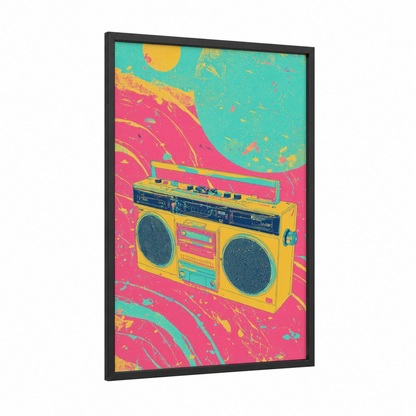 Retro Boombox Pop framed retro pop print — black wood frame — magenta and yellow gold palette