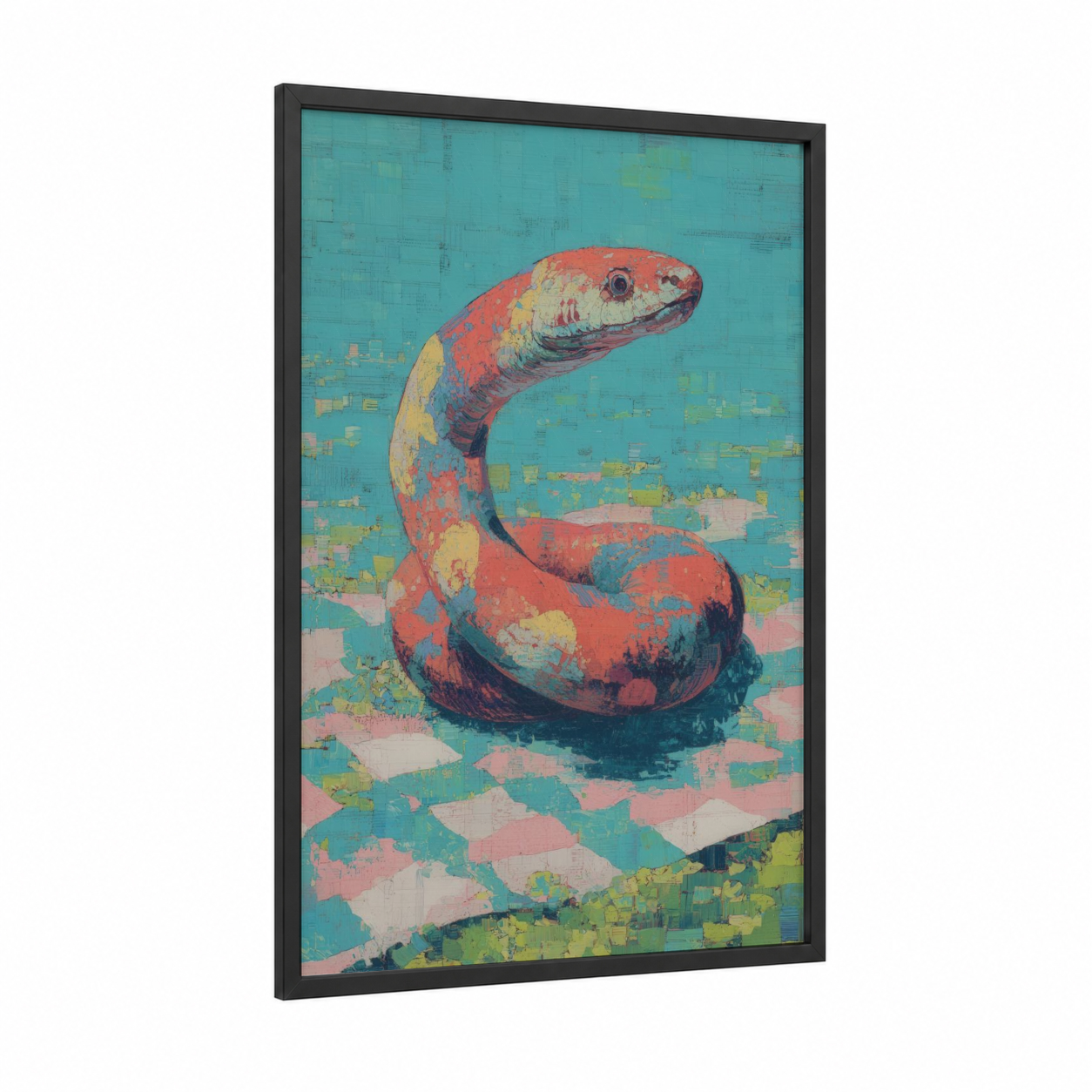 Crimson Eel framed eels print — black wood frame — teal and red palette