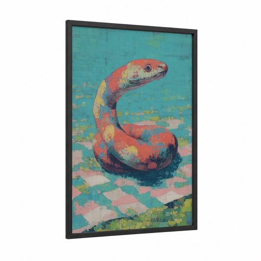 Crimson Eel framed eels print — black wood frame — teal and red palette